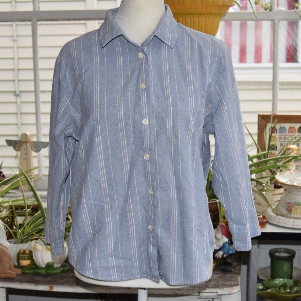 Karen Scott Sport Blouse Petite Large Blue Stripe Cotton Button Front 3/4 Sleeve